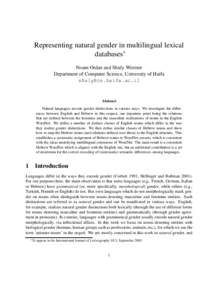 Representing natural gender in multilingual lexical databases∗ Noam Ordan and Shuly Wintner Department of Computer Science, University of Haifa [removed]