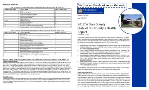 Morbidity and Mortality Data 2010 Ten Leading Causes of Death for Wilkes County and North Carolina (all ages) (Source: NC SCHS, [removed]Wilkes County Rank 1 2 3