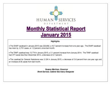 Highlights   The SNAP caseload in January 2015 was 222,692, a 16.7 percent increase from one year ago. The SNAP caseload has risen by 2,701 cases, or 1.2 percent, since last month.  The TANF caseload was 13,774 in 