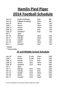 Hamlin Pied Piper 2014 Football Schedule Aug. 15 Aug. 22 Aug. 29 Sept. 5