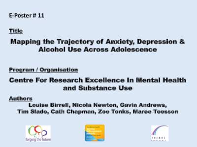 E-Poster # 11 Title Mapping the Trajectory of Anxiety, Depression & Alcohol Use Across Adolescence Program / Organisation