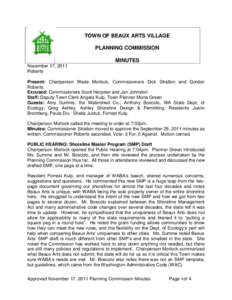 TOWN OF BEAUX ARTS VILLAGE PLANNING COMMISSION MINUTES November 17, 2011 Roberts Present: Chairperson Wade Morlock, Commissioners Dick Stratton and Gordon