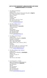 LIST OF NON RESIDENT AMBASSADORS AND HIGH COMMISSIONERS TO GUYANA 1. H.E. Mohamed Khelladi Ambassador Embassy of the People’s Democratic Republic of Algeria 8va. Transversal con 3a. Avenida