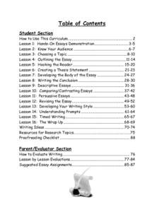 Table of Contents Student Section How to Use This Curriculum ..................................................................... 2 Lesson 1: Hands-On Essays Demonstration..................................... 3-5 Lesson