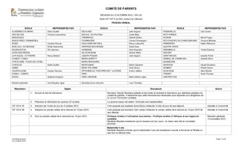 COMITÉ DE PARENTS RÉUNION DU 2 OCTOBRE 2013 –19 h 30 Salle[removed]A du 643, avenue du Cénacle PROCÈS-VERBAL ÉCOLE