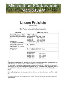 Vermarktungsordnung des Miscanthus-Fördervereins Nordbayern  Unsere Preisliste Stand: Die Preise gelten ab Hof/Verladestelle