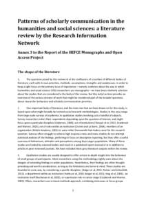 Patterns of scholarly communication in the humanities and social sciences: a literature review by the Research Information Network Annex 3 to the Report of the HEFCE Monographs and Open Access Project