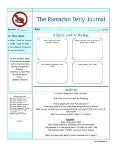 The Ramadan Daily Journal Ramadan 10, ______ In This Issue • What I Had for Suhoor • What I Had for Iftar