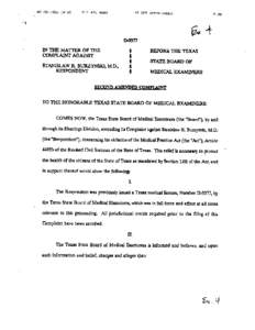 In the Matter of the Complaint Against Stanislaw R. Burzynski MD PhD. Before the Texas State Board of Medical Examiners. Second Amended Complaint[removed]..