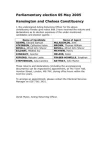 Returns and declarations as to election expenses from candidates in the Royal Borough of Kensington and Chelsea