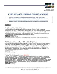 DEFENSE TRAVEL MANAGEMENT OFFICE DTMO DISTANCE LEARNING COURSE SYNOPSIS o