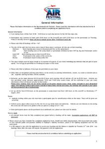 General Information Please find below information on the Bournemouth Air Festival. Please read this information with the attached terms & conditions before completing the application form. General Information  Core tr