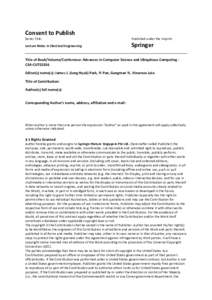 Consent to Publish Series Title: Published under the imprint  Lecture Notes in Electrical Engineering