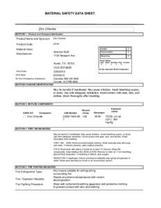 MATERIAL SAFETY DATA SHEET  Zinc Chloride SECTION 1 . Product and Company Idenfication  Product Name and Synonym: