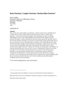 Basic Emotions, Complex Emotions, Machiavellian Emotions 1 Paul E. Griffiths, Department of History and Philosophy of Science, University of Pittsburgh, Pittsburgh, PA 15232,