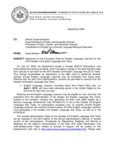 THE STATE EDUCATION DEPARTMENT / THE UNIVERSITY OF THE STATE OF NEW YORK / ALBANY, NY[removed]David Abrams, Assistant Commissioner Office of Standards, Assessment and Reporting September 2009