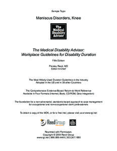 Sample Topic  Meniscus Disorders, Knee The Medical Disability Advisor: Workplace Guidelines for Disability Duration