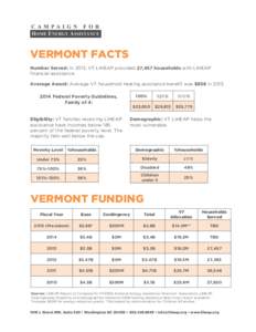    VERMONT FACTS Number Served: In 2013, VT LIHEAP provided 27,457 households with LIHEAP financial assistance. Average Award: Average VT household heating assistance benefit was $858 in 2013.