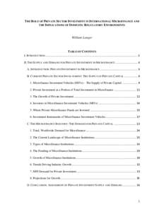 THE ROLE OF PRIVATE SECTOR INVESTMENT IN INTERNATIONAL MICROFINANCE AND THE IMPLICATIONS OF DOMESTIC REGULATORY ENVIRONMENTS William Langer  TABLE OF CONTENTS