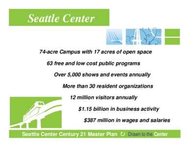 Seattle Center 74-acre Campus with 17 acres of open space 63 free and low cost public programs Over 5,000 shows and events annually More than 30 resident organizations 12 million visitors annually