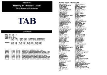 Race Index  Meeting 14 - Friday 17 April Gatton Races (qld) at Gatton  Extra Pools