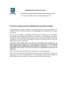 Fermeture temporaire de la bibliothèque de Calixa-Lavallée