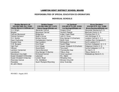 LAMBTON KENT DISTRICT SCHOOL BOARD RESPONSIBILITIES OF SPECIAL EDUCATION CO-ORDINATORS INDIVIDUAL SCHOOLS Shelley Martsch-Litt[removed], Ext[removed]removed]