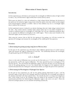 Observation of Atomic Spectra Introduction In this experiment you will observe and measure the wavelengths of different colors of light emitted by atoms. You will first observe light emitted from excited mercury atoms. W