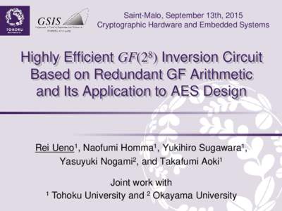 Saint-Malo, September 13th, 2015 Cryptographic Hardware and Embedded Systems Highly Efficient GF(28) Inversion Circuit Based on Redundant GF Arithmetic and Its Application to AES Design