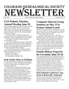 COLORADO GENEALOGICAL SOCIETY  NEWSLETTER May[removed]Meeting Locally, Researching Globally