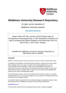 Middlesex University Research Repository An open access repository of Middlesex University research http://eprints.mdx.ac.uk  Berger, Martin and Tratt, LaurenceProgram logics for