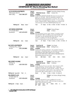 SUBSIDIZED HOUSING COMPILED BY Marin Housing-San Rafael For the use of General Public ALTO STATION APARTMENTS 290 Camino Alto Ct.