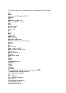 The following businesses and organisations have signed up to the Compact: A4E Abellio Aberdeen Asset Management PLC Accenture ACCA