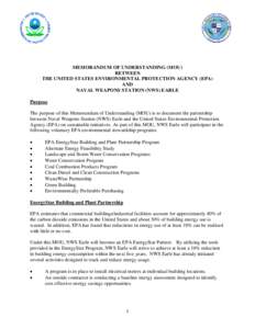 MEMORANDUM OF UNDERSTANDING (MOU) BETWEEN THE UNITED STATES ENVIRONMENTAL PROTECTION AGENCY (EPA) AND NAVAL WEAPONS STATION (NWS) EARLE