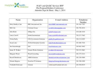 IV&V and QA/QC Services RFP Pre-Proposal Bidders Conference Attendee Sign In Sheet - May 1, 2014 Name