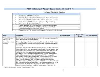 PHSRI AE Community Advisory Council Meeting MinutesInvitees / Attendance Tracking  Chris Dooley, PHSRI AE Leadership