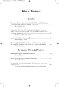 02_ToC_Layout[removed]:51 PM Page v  Table of Contents Articles Dictionary Boswell: James Boswell (1740–1795) and his Design for A Dictionary of the Scot[t]ish Language, 1764–1825 .................................