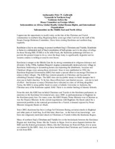 Ambassador Peter W. Galbraith “Genocide in Northern Iraq” Testimony before the House Committee on Foreign Affairs Subcommittee on Africa, Global Health, Global Human Rights, and International Organizations