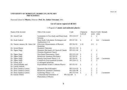 PhD15-28  UNIVERSITY OF DEBRECEN, DEBRECEN, HUNGARY PhD SCHOOLS Doctoral School of Physics, Director: Prof. Dr. Zoltán Trócsányi, DSc. List of courses registered till 2015