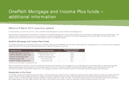 OnePath Mortgage and Income Plus funds – additional information Effective 9 Marchquarterly update) In this document, the terms ‘we’ and ‘our’ refer to OnePath Funds Management Limited (OnePath Funds Mana
