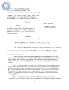 UNITED STATES DISTRICT COURT SOUTHERN DISTRICT OF NEW YORK - - - - - - - - - - - - - - - - - - - - - - - - - - - - - - - - - - - - - - - - -x AMERICAN ACADEMY OF RELIGION, AMERICAN : ASSOCIATION OF UNIVERSITY PROFESSORS,