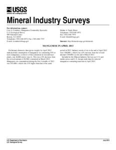 Mineral Industry Surveys For information, contact: Lisa A. Corathers, Manganese Commodity Specialist U.S. Geological Survey 989 National Center Reston, VA 20192