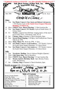 **Updated version as of[removed]see also calendar listings on p.9 ** Folk Music Society of New York, Inc. June[removed]vol 45, No.6