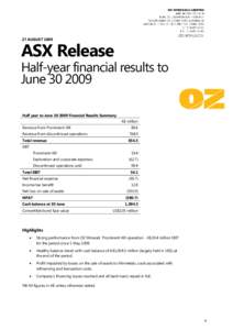 27 AUGUST[removed]ASX Release Half-year financial results to June[removed]