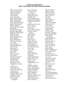 Casualty Actuarial Society Exam 7-United States, May 2008, Passing Candidates Abbiw-Jackson, Roselyn Abramovitz, Rachel A. Abril, Jason Edward Alibalic, Jasmin