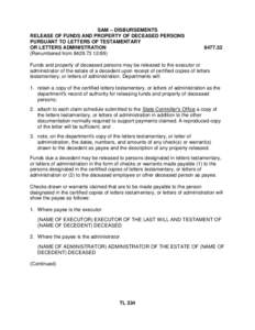 SAM – DISBURSEMENTS RELEASE OF FUNDS AND PROPERTY OF DECEASED PERSONS PURSUANT TO LETTERS OF TESTAMENTARY OR LETTERS ADMINISTRATION (Renumbered from[removed])