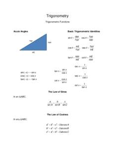 Trigonometry Trigonometric Functions Acute Angles  Basic Trigonometric Identities