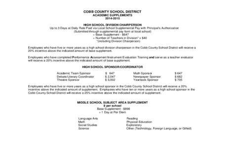 COBB COUNTY SCHOOL DISTRICT ACADEMIC SUPPLEMENTS[removed]HIGH SCHOOL DIVISION CHAIRPERSON Up to 3 Days at Daily Rate Paid via Local School Supplemental Pay with Principal’s Authorization (Submitted through supplement