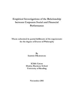 Empirical Investigations of the Relationship between Corporate Social and Financial Performance Thesis submitted in partial fulfilment of the requirement for the degree of Doctor of Philosophy