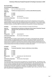 Summary of Discovery Projects Proposals for Funding to Commence in[removed]New South Wales The University of New England DP1093638